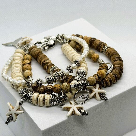 Boho Beach Bracelet Set – Natural Jasper, Shell & Pearl Beads with Starfish Char - Picture 1 of 2